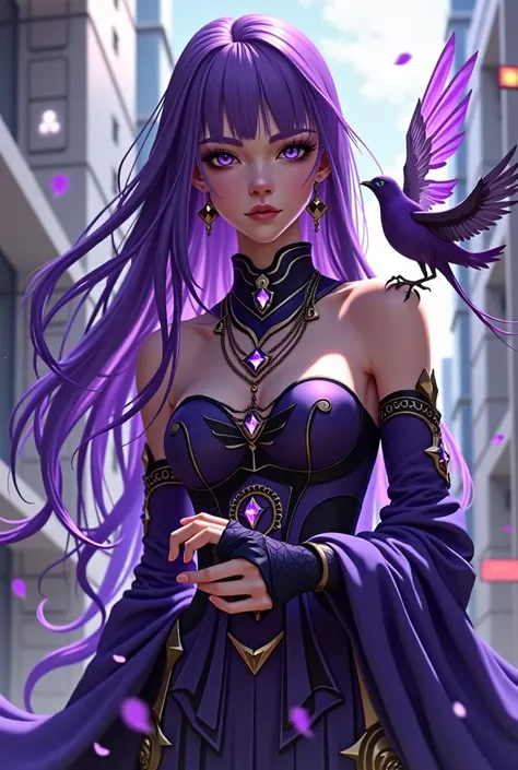 Purple Hair girl, acheron clothes, rich, mage, purple eyes, mage, younger, ilusionist, ACHERON STAR RAIL, modern clothes, bird flying over shoulder