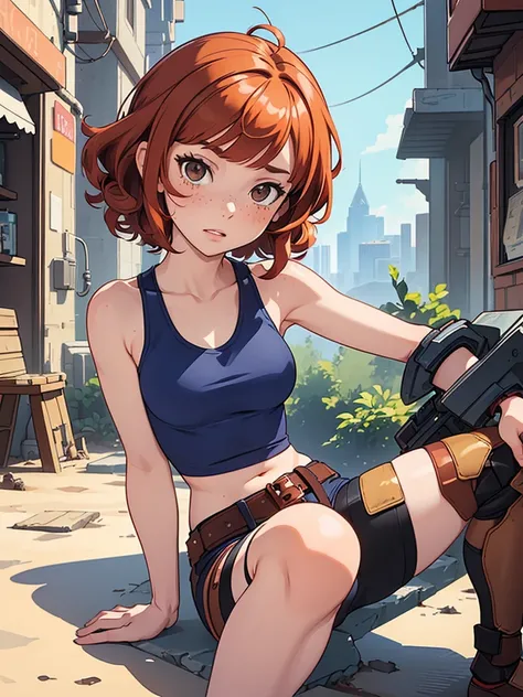 (masterpiece), (best quality), ((one girl)), ((alone)),copper red hair,(brown eyes),short hair, (curly hair),((side parted hair bangs)),anime style, freckles, (small breasts), (petite figure), (blue tank top), cyberpunk,((knee pads)),legs, (desert backgrou...