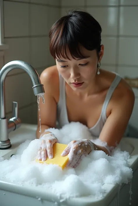 A woman with short hair in a sink with a sponge with lots of foam