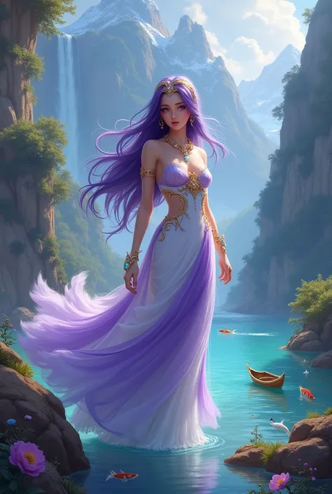 A  beautyful girl long porple hear and porple eyes  and white’ porple and gold dress and dressing line porple with a head golden taj and floting dress cristal pendent  neture like a mountain and waterfall’ lake’ lake under colorful fishses’ duck’ and boat 