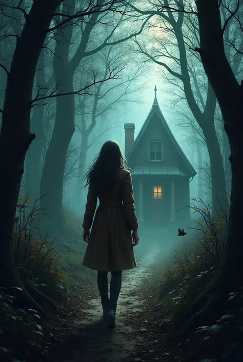 Female investigator with long loose hair and brown coat finding witch&#39;s cottage in haunted forest 