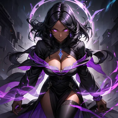 Ebony skinned shadow wizard with long black hair, glowing purple perfect eyes, busty, showing cleavage, flowing purple robes, casting shadow spells