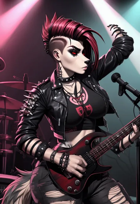 ((Jasonafex)), timber wolf, female, faded red hair ((undercut)), red eyes, hourglass figure, large breasts, wide hips, 90’s punk rock, Ramones, punk rock backdrop