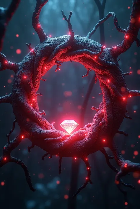 Create a complex neural network, with intertwined dendrites and axons, forming a ring with a luminous diamond in the center. The ring pulses with neon red energy, connecting all neurons and creating a protective force field. cyberpunkstyle, with a futurist...