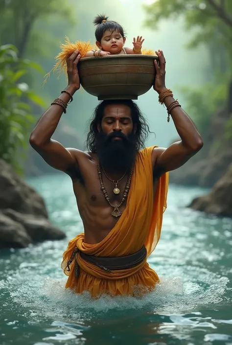 Basudev carrying little krishna in his head in bucket inside depth river basudev body covered with water