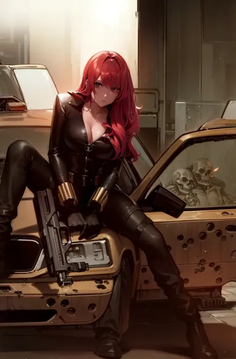 A red-haired girl is depicted sitting on the hood of a yellow, bullet-riddled car. She is dressed in a sleek skin-tight shiny black latex bodysuit with a deep-cut zipper neckline revealing a large chest, the silver zipper running down the front. The suit i...