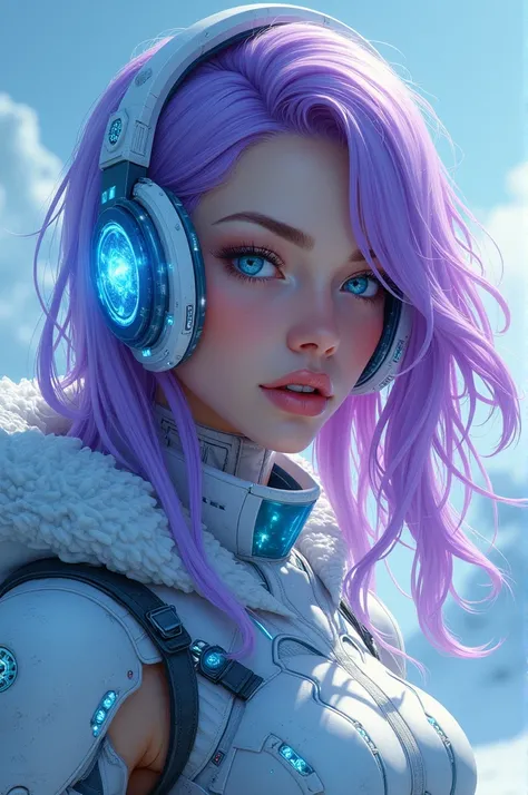 Korean purple hair butterfly woman with headset intergalactic ice warrior is winteres 