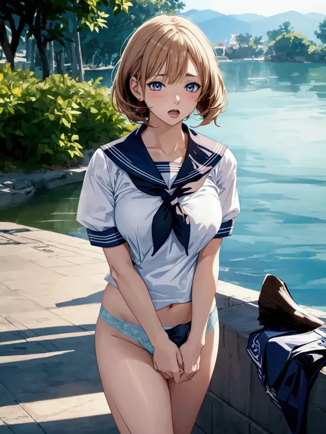 Adult anime woman in sailor uniform posing near a body of water. light blue lace thong, high waist thong, digital rendering, realistic schoolgirl, Kantai Collection Style, soft anime cg art, attractive anime woman. Blushed face, Scared face, open mouth