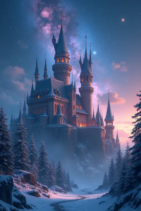 Milky Way renders fantasy castle with ice effect, Snow and cold. This is a building full of fairy tale color and romantic atmosphere. Magnificent fantasy castles usually have a majestic appearance.， Towering fantasy castles often have towers and spiers tha...