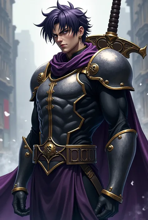 A character for my role-playing game has to look like this; man, noting that it measures 1.20cm tall, Tez blanca, hair between very dark purple and black, carrying a very large and heavy sword on his back, wearing semi-heavy armor, with a big arrogant smil...