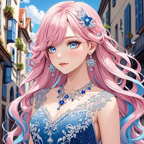 A girl with long, wavy pastel pink hair adorned with a blue streak, styled in loose waves that cascade down her back. She has bright blue eyes that sparkle with a unique power. She wears an elegant outfit consisting of a flowing, layered dress in shades of...