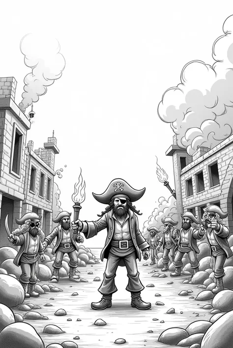 Create an easy to draw black and white drawing, of a pirate yelling at others , while they burn and kill people in a town that is around the sea.
Make the drawing easier to draw and not so realistic, Put an eye patch on one of the pirates&#39; eyes and put...