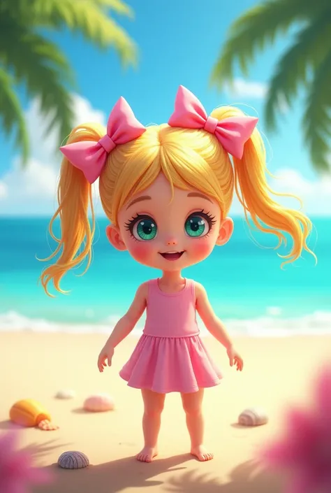 Create an image of a  girl with two pink bows on her head at the beach ,  with blonde pigtail hair