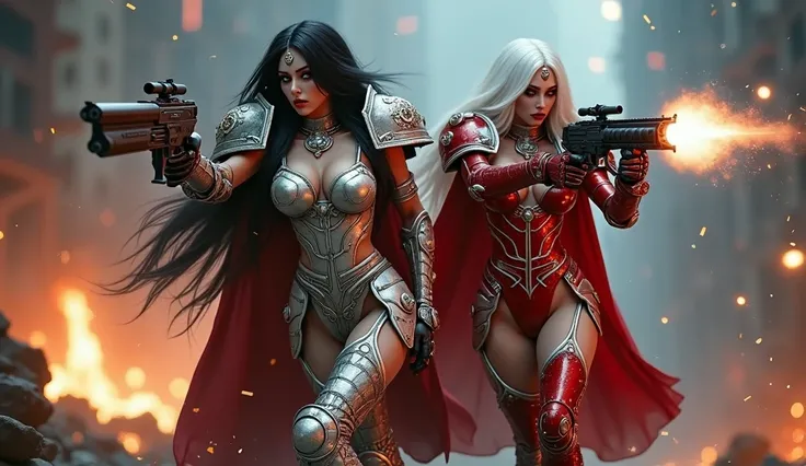 Full body pose sexy sisters of battle from the warhammer 40k, shooting at the enemy, red space marine armor with intricate details, white space marine armor with intricate details, symbols on the armor, sisters of battle, warhammer 40k, Massive silicone br...