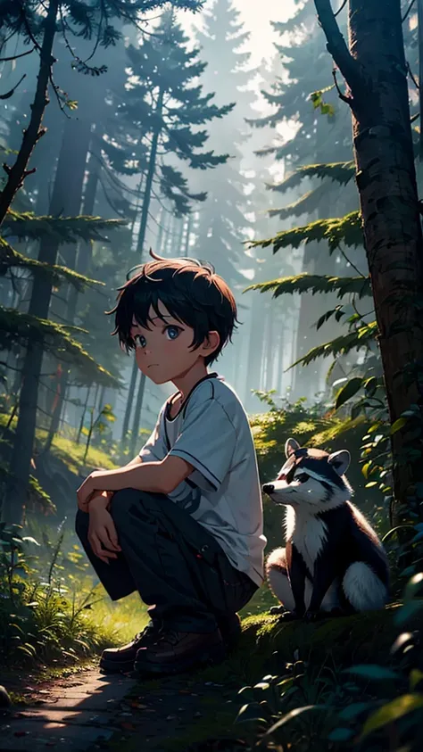 evening,forest,Boy and Raccoon