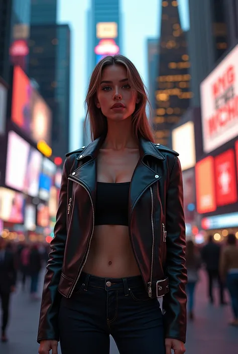 (photorealism:1.2), beautiful woman, standing at time square street with wearing a lether jacket