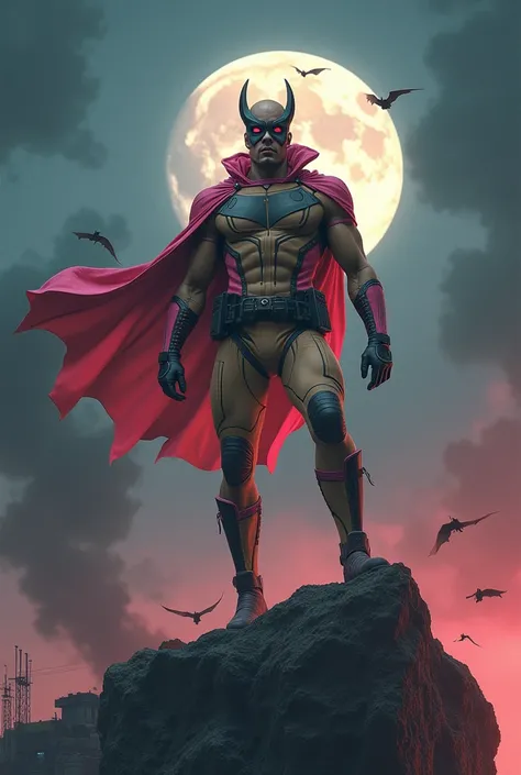 Malaysia man in high-tech suit, vivid effects, malaysian superhero (KELUANG MAN) in a striking pink and brown beige costume cyberpunk design((, mask small mini bat ear beige,)) daredevil beige mask, jumpsuit dark pink stands confidently in a dramatic.jumpi...