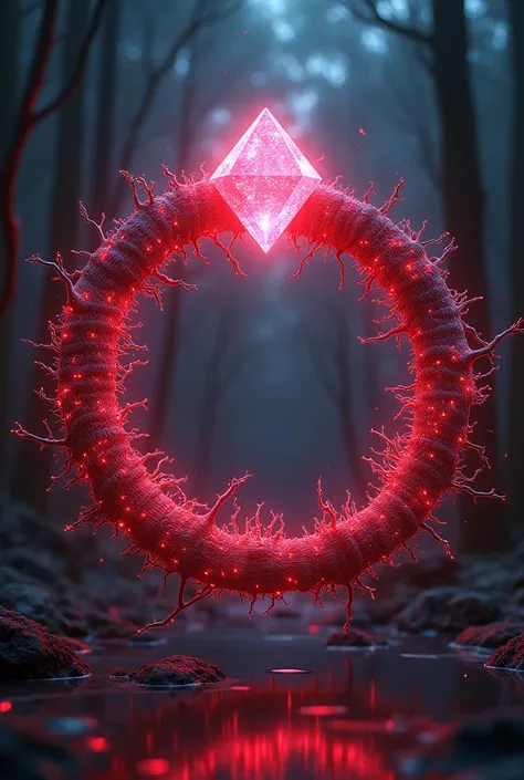 Create a complex neural network, with intertwined dendrites and axons, forming a ring with a large, luminous diamond on top. The ring pulses with neon red energy, connecting all neurons and creating a protective force field. cyberpunkstyle, with a futurist...