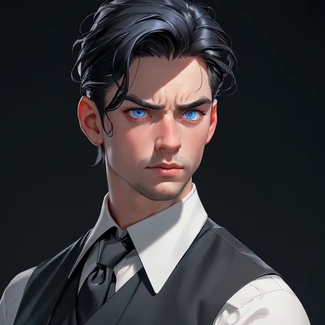 envision a 8k, highres, cinematic, close up portrait English man with a strong face, clean shaved, with short slick black hair, and blue eyes wearing a black vest and collard shirt against a dark gray background