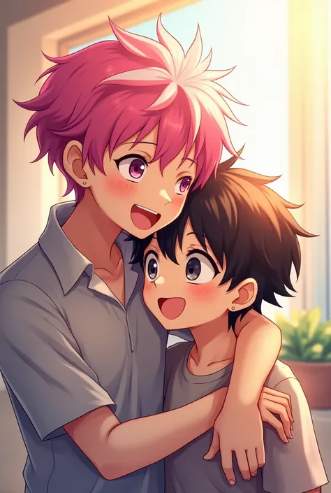 couple of men. 2 boys. Boy with pink hair with white highlights, average, pink eyes, purple lens glasses, smiling excitedly while hugging the other. Boy with short dark brown hair, brown and blue eyes, looking away with flushed face and embarrassed express...