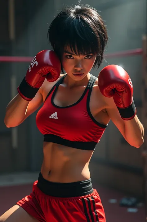 Girl with black short hair ,red eye ,sport red black addidas clothes, a bit muscular, Kickboxing ,Kick ,intesiever blick