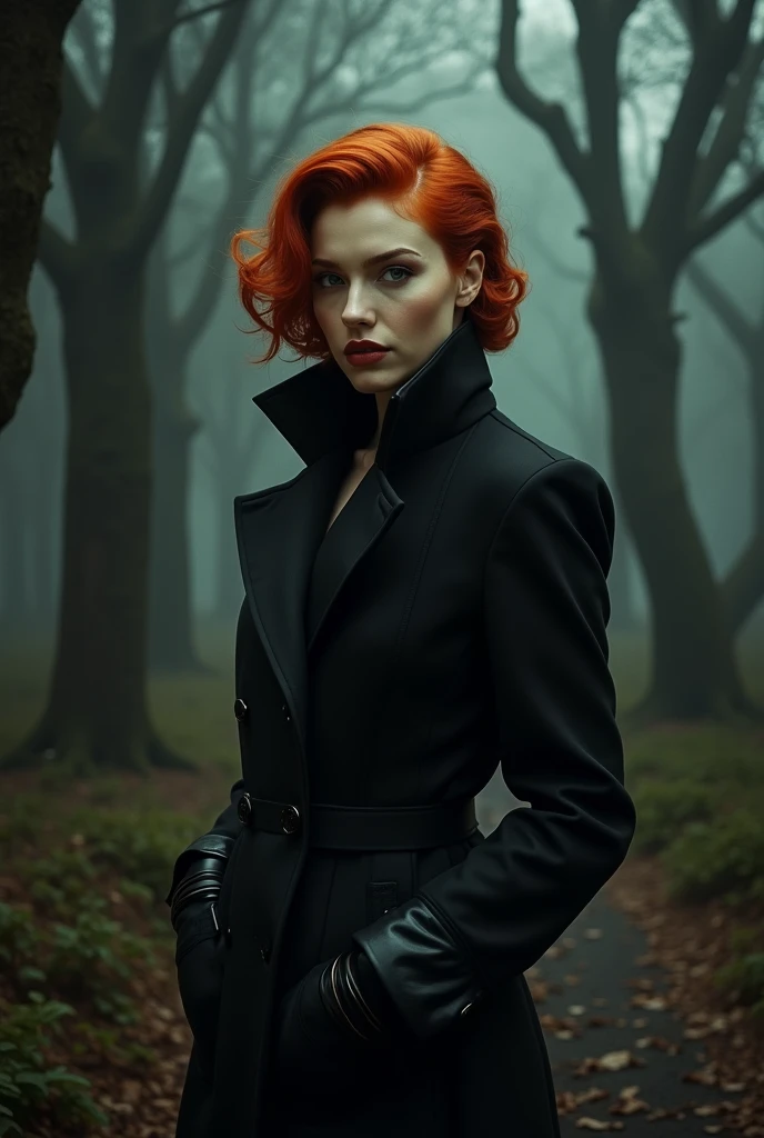 Marina Ruy Barbosa, redhead in a black coat with gloves, entering the haunted forest 