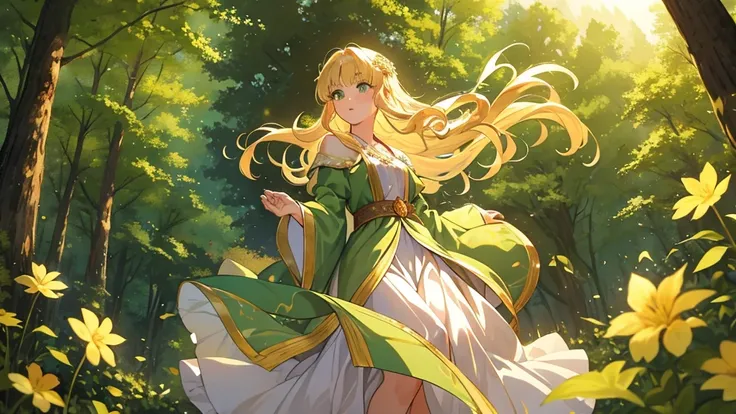 blonde hair, green eyes, princess, royalty, medium hair, fit body, dynamic angle, forest background, princess robes, gentle,  [[[masterpiece, ultra-detailed, best quality, wooden flute]]]