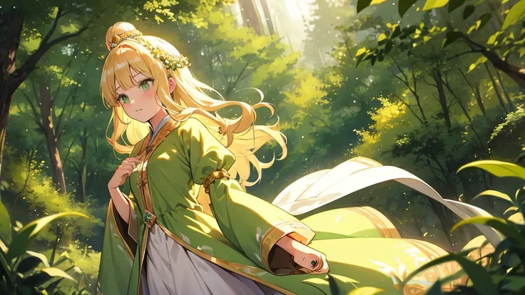 blonde hair, green eyes, princess, royalty, medium hair, fit body, dynamic angle, forest background, princess robes, gentle,  [[[masterpiece, ultra-detailed, best quality, wooden flute]]]