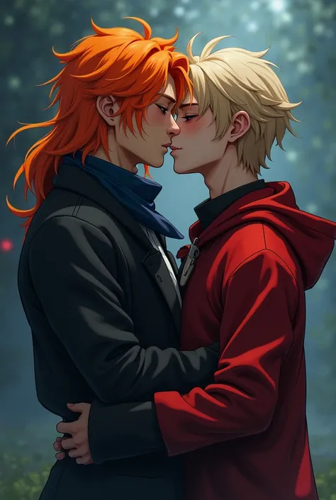 Create a long orange hair guy, dark blue bandana kissing a blond guy with hair almost to his shoulders, with the red and black clothes