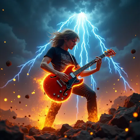 create the image of angus young playing a gibson sg guitar on fire as the world ends, the dark sky causing a climate of catastrophe while blue rays fall causing destruction