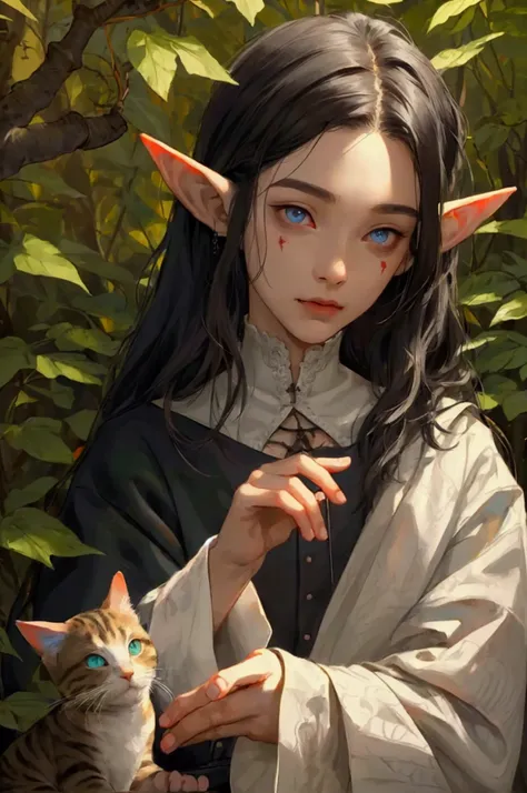 ((Ultra Detailed Face & Eyes & Fingers with Hairs & Clothing))), arist, 1 boy, baby face, young male elf vampire, loose clothing, asian gothic, creating art process, He paints in coloured ink, on canvas, in the forest, with a cat,