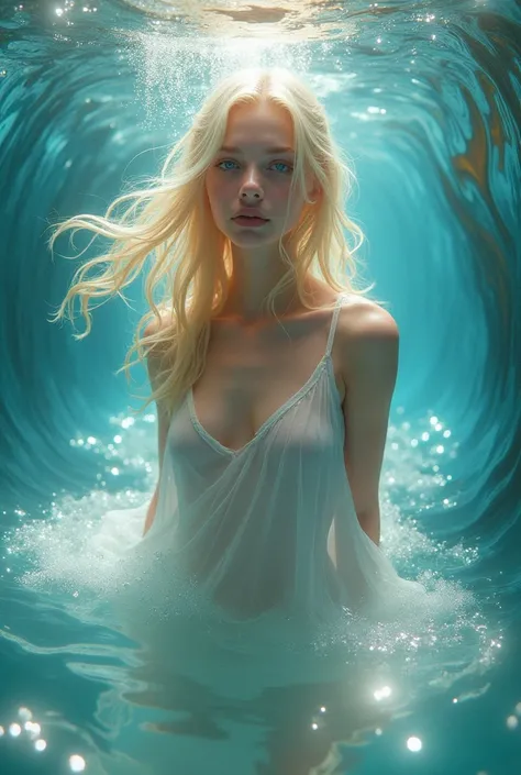 In the center of the composition, a young blonde woman stands with a serene and ethereal presence, her figure enveloped in flowing water that cascades around her like a delicate waterfall. Her hair, shimmering like strands of pure liquid gold, moves fluidl...