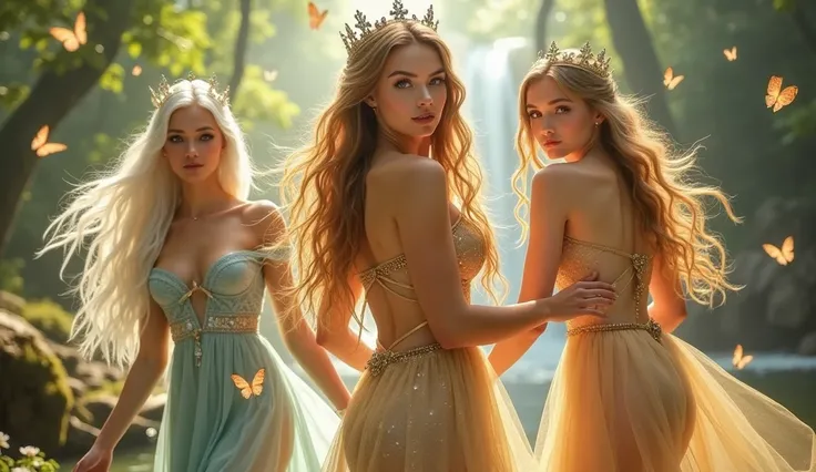 "A full-body shot of a realistic fairytale scene in a beautiful magical forrest, bathed in sunlighting."Beautiful pastel colour pallette." "A fairy queen1 with realistic striking big blue eyes with eye makeup and a serious, direct gaze at the camera with g...