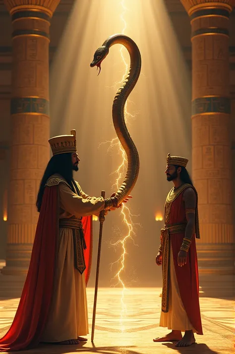 Pharaoh Ramses soothsayer magically turns a staff into a cobra snake in the presence of Ramses