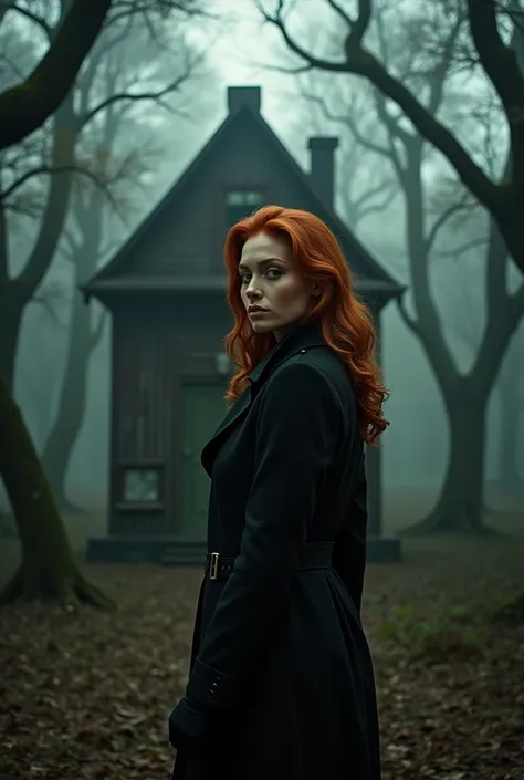 Marina Ruy Barbosa, redhead, long hair and black coat with gloves, finding a haunted cottage in the middle of a haunted forest 