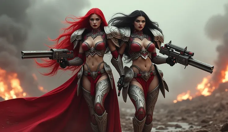 Full body pose sexy sisters of battle from the warhammer 40k, shooting at the enemy, red space marine armor with intricate details, white space marine armor with intricate details, symbols on the armor, sisters of battle, warhammer 40k, Massive exposed sil...