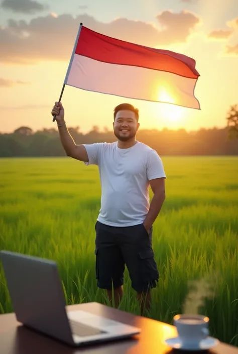 (photorealism:1.2), a slightly fat asian man((no moustache and no beard)),(white t-shirt and black cargo pants) waving the Indonesian flag on a fresh green meadow accompanied by the rising morning sun, looking at the camera, table, laptop diatas table dan ...