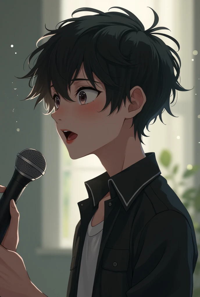 An anime boy singing an emotional song 