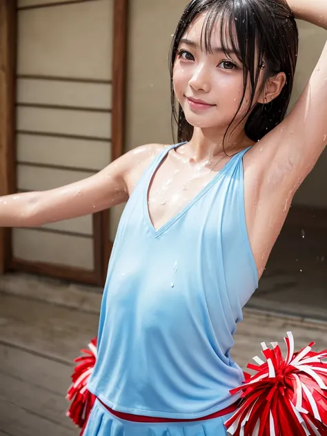 (best quality:1.2), masterpiece, Realistic, Ultra-high resolution, ((a beautiful Japanese idol girl:1.2)), (Gaunt:1.3), ((natural makeup:1.2)), (((Very flat chest:1.4))), ((Baby Face:1.3)), ((upper body)), (nup, cheerleader:1.2), (show me your armpit:1.2),...