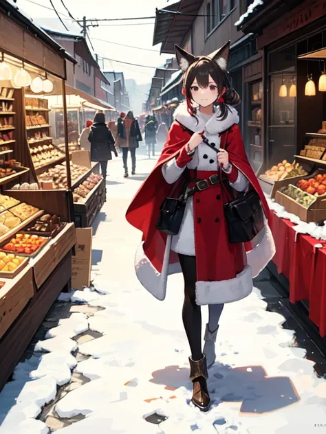 A female character with fox ears, wearing winter , stands in the middle of an outdoor market filled with people selling goods. She has dark hair tied back into two pigtails and wears a red cloak over her armor. The scene features snow-covered streets, vibr...