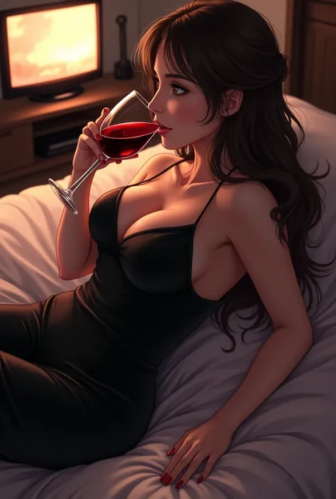 A brunette girl with very long hair in a gorgeous black dress revealing her massive breasts drinking wine while in her room watching Jujutsu kaisen anime realistic photo of her lying down
