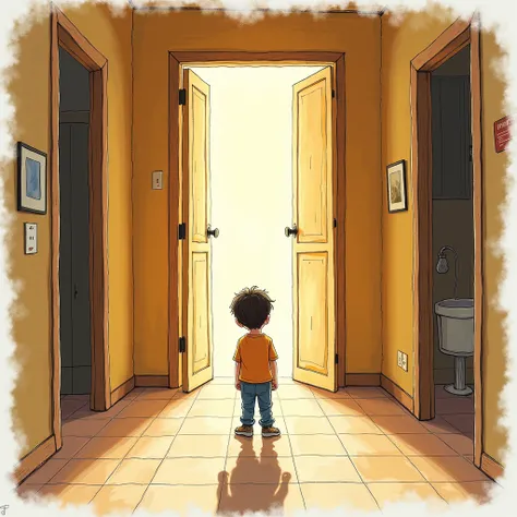 Hand-drawn illustration of a child facing a closed door with light streaming through a crack. The child looks curious and determined, symbolizing opportunities beyond resistance. The hallway is warm and inviting