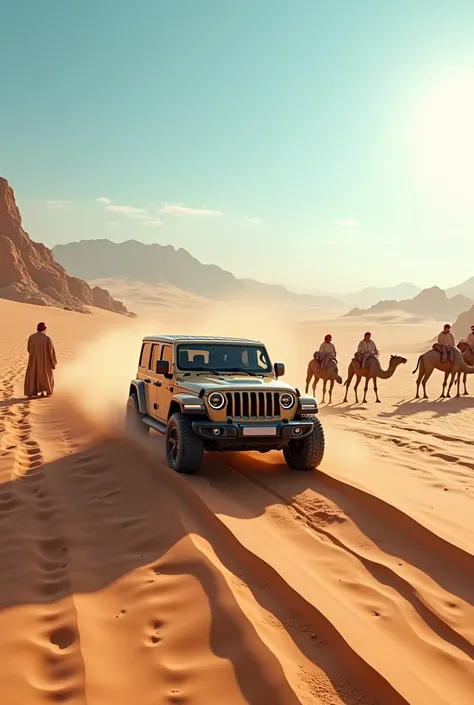 Jeep car simulater in desert with some camal and sheikh around them