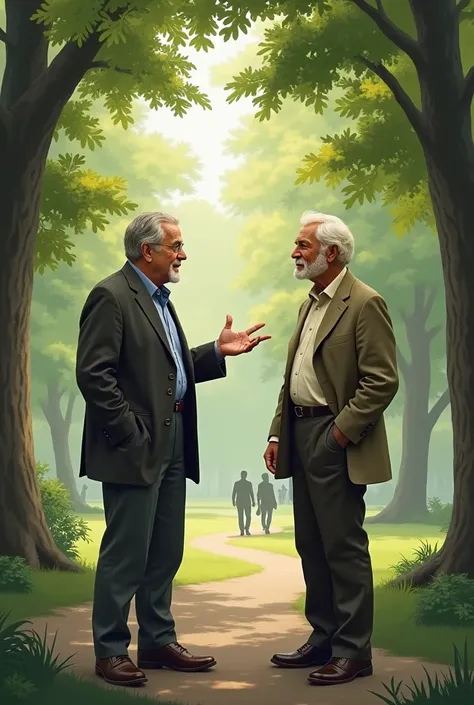 Two men standing and talking in a park. 