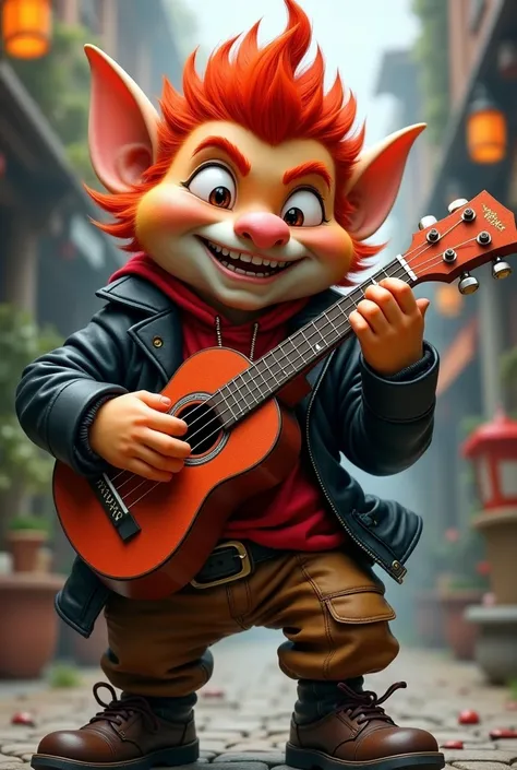 Red-haired gnome bard with spiky hair, with red shirt, black leather jacket, Brown pants, com um ukulele