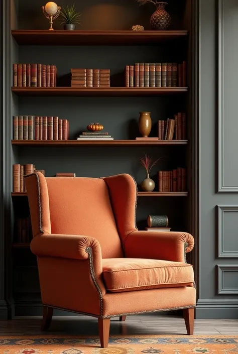 Create and show only the front of an armchair and make a bookshelf behind the armchair 