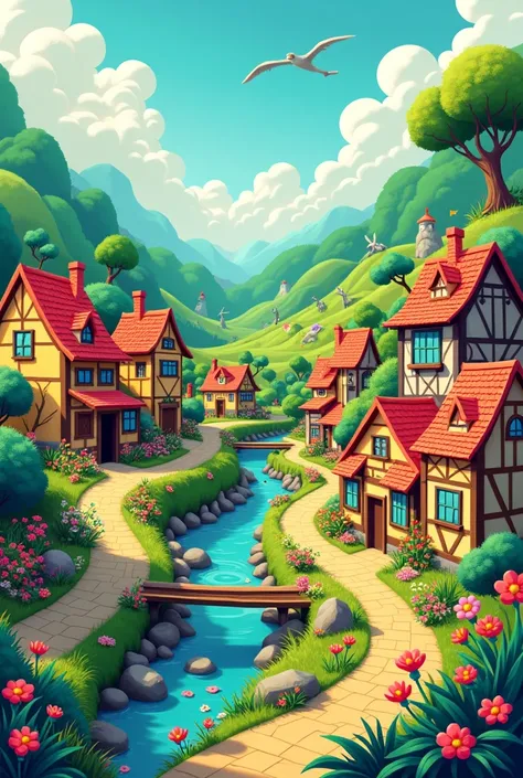 Show a bright, colorful village where everything is vibrant and happy. Trees, flowers, and animals are all filled with life A 16:9