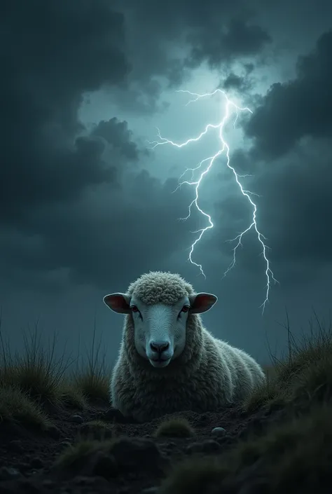 A SHEEP WITH ITS HEAD OUT OF A HOLE IN THE GROUND, DARK SKY WITH LIGHTNING AND STORM .
