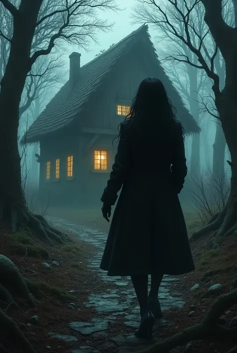 Female investigator with long black hair and black coat with gloves finding witch&#39;s cottage in haunted forest