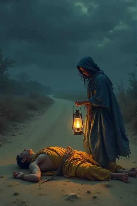 Upagupta the disciple of Buddha is lying on dusty road of Mathura without any pillow or any other amenities in 3rd Century BC at a stormy night and a young woman trips over the chest of Upagupta ,waking him up . She is dressed in blue mantle and has a old ...